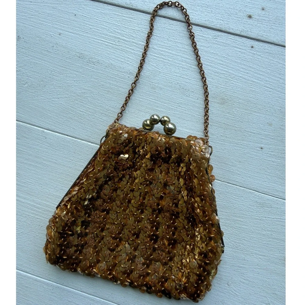 Vintage Gold Paillette Sequin Evening Bag Kiss Lock Chain Mini Purse